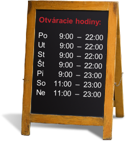 Otváracie hodiny:
Po   9:00 – 22:00
Ut    9:00 – 22:00
St    9:00 – 22:00
Št    9:00 – 22:00
Pi    9:00 – 23:00
So  11:00 – 23:00
Ne    11:00  –  23:00

